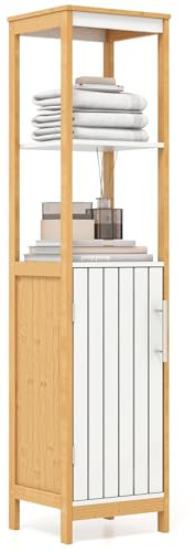GOPLUS - Armario alto independiente para cuarto de baño, armario de almacenamiento estrecho con puerta, estante ajustable, torre de lavandería, para sala de estar, baño, inodoro, bambú natural