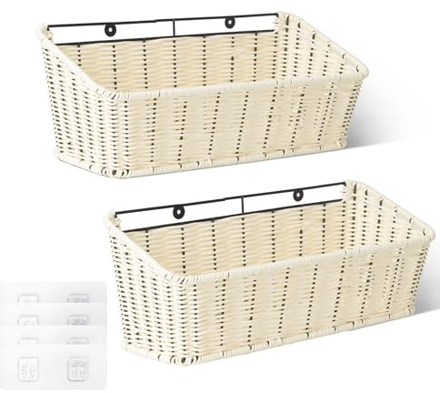 GRANNY SAYS Wicker Hanging Basket, 2 Pack Storage Baskets for Organizing, Adhesive Wall Mount Fruit Basket, Kitchen Organization Hanging Shelves, Storage Cabinet Door Organizer, Off White