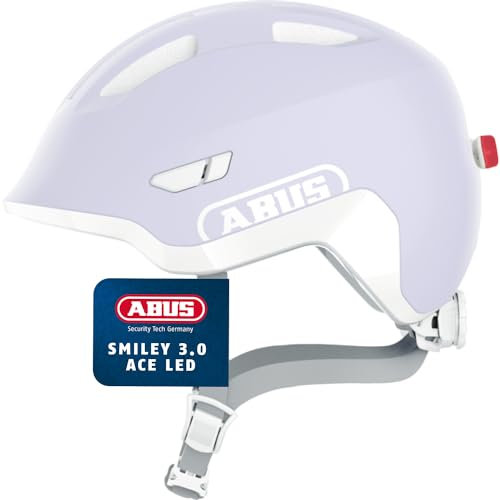 ABUS Kinderhelm Smiley 3.0 ACE LED - Fahrradhelm mit Licht - Tiefe Passform & Platz für einen Zopf - für Mädchen und Jungs - Pure Lavender, Größe S