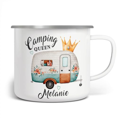 miKalino Personalisierte Emaille Tasse Camping Queen, Vintage Wohnwagen Design, Geschenk für Camper, Outdoor Kaffeebecher, Floral, Mit Namen - Bedruckt