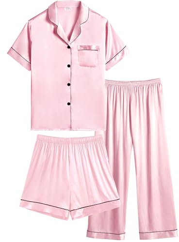 SWOMOG Kids Silk Pyjamas Short Sleeve Button-Down Pjs 3 Pcs Kids Nightwear Short Sleeve Lounge Sets Pink 10-11 years old