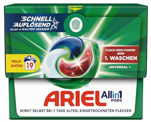 Ariel Waschmittel Pods All-in-1, Waschmittel 19 Waschladungen, Universal+, Kraftvolle Fleckenentfernung in nur 1 Waschgang