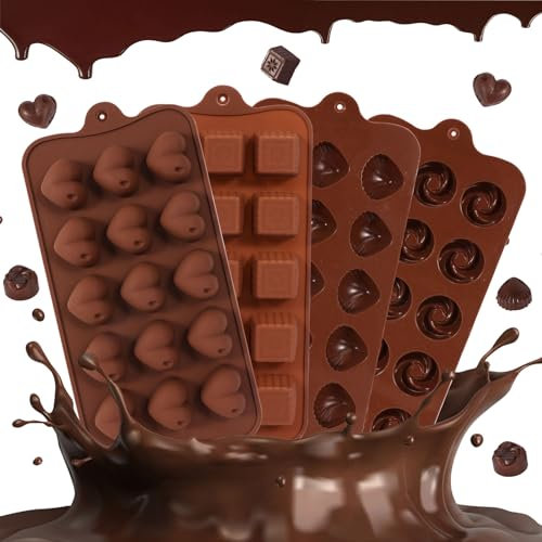 4 Pcs Brown Silicone Chocolate Moulds Set, Moulds for Wax Melts, Food Grade Non-Stick Chocolate Mold Shapes for Square, Shell, Swirl Flower, Heart Shaped with 1*Butter Spatula, 2*Dropper