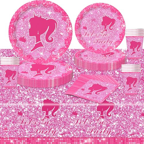 POPOYU Lot de 69 pièces de vaisselle de fête en papier, assiettes en carton, gobelets, serviettes, serviettes de table, nappe à thème rose pour filles, fête d'anniversaire, fête
