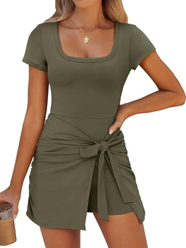 Caracilia Women Summer Short Sleeve Square Neck Bodycon Tie Cinched Waist Romper Mini Dresses Night Out Vacation Dress Army Green Small