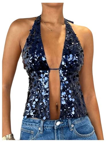 SOLY HUX Women's Sparkly Sequin Halter Tops Y2k Crop Top Night Out Party Outfits Streetwear Dark Blue Medium