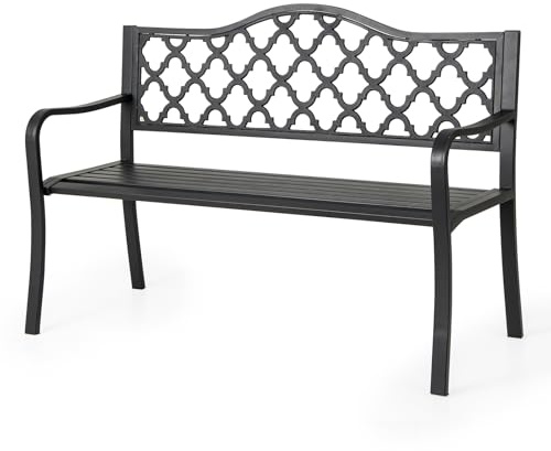 GIANTEX Panchina in Metallo, Panchina da Giardino con Schienale, Braccioli Curvi, Sedile a Listelli per 2-3 Persone, Mobili da Esterno Resistenti per Cortile, Piscina, Veranda, Parco