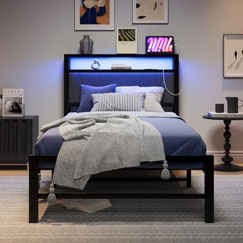 BORPHOM Polsterbett 90x200 mit LED Beleuchtung Bettgestell mit Lattenrost aus Metall，Bettrahmen Metallbett 90x200 mit Kopfteil & Ladestation,Einfache Montage,Einzelbett Jugendbett Schwarz