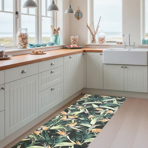 Alfombra pequeña Vinílica Digitalizada, Hojas tropicales ,Prisma, Distintos Tamaños, Moderno, Diseño y Resistencia para Tu Espacio, Cocina, salón Comedor, Suelo PVC (67 x 40 cm, TROPICAL)
