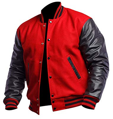 Jnriver Mens Black Bomber Jacket - Red School Teen College Letterman Varsity Jacket XL