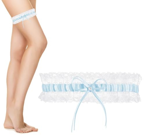 SHUBEIEUMI Blue Garters for Brides Bridal Lace | Women's Garter Belt, White Bow Lace Garter, Wedding Favour Bride to Be Hen Party Night Do Accessory