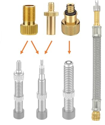 Manovella Juego de adaptadores de válvula, incluye extensión de válvula de 140 mm con extractor de válvula, 3 adaptadores para válvula de coche (AV), válvula Dunlop (DV) y válvula francesa (SV/Presta