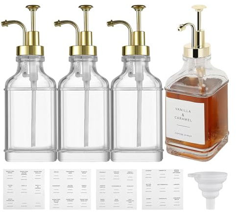 Syrup Dispenser Glass,Syrup Container with Pump - Sauce Bottle with Labels for Bar Office Kitchen Home Baristas Dessert Chefs Catering Services Drink Table Ketchup