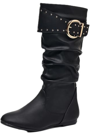 Slouchy rynkade knähöga stövlar för kvinnor platta western cowboy ridstövlar, Pu svart 1 spänne, 37.5 EU | med spänne nit rem dekor vardagliga höga vinterstövlar för semester fest shopping gatustil födelsedag
