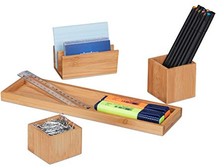 Relaxdays Schreibtisch Organizer, Büro Set 4-teilig, Stiftehalter, Ablage, Briefhalter, Utensilien Schale, Bambus, Natur