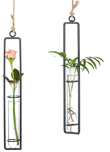 Sziqiqi Set of 2 Hanging Planter Terrarium, Metal Iron Clear glass Test Tube Flower Vases Holder, Wall Hydroponic Plants decor, Decoration for Living Room Bathroom Bedroom Kitchen, M + M