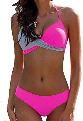 CheChury Donna Costume da Bagno Push Up Imbottito Reggiseno Bikini Due Pezzi Bikini Sexy Spiaggia Beachwear Swimwear Sportivo Mare Estate,Rosa,S