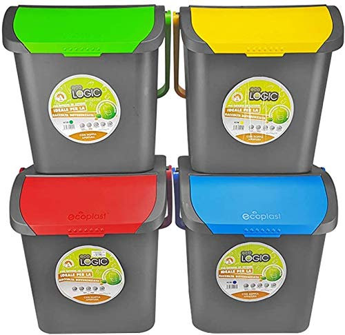 BuyStar Set Contenitori per la Raccolta Differenziata EcoLogic Coperchio Antirandagismo Doppia Apertura, 4 Pezzi da 35 Lt + 15 Sacchetti Maxi Super Resistenti Profumati Antigoccia 70 x 75 cm