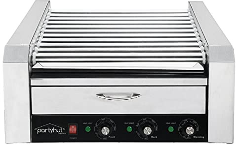 PartyHut 30 Hot Dog Roller Warmer Grill Cooker Machine, Commercial Grade, (with Bun Warmer Drawer, 11 Non-Stick Rollers, 30 Hot Dog Sausage Grill Cooker, and Removable Stainless Steel Drip Tray)