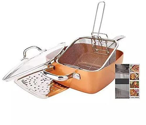 Royal Cuisine Square Frying Pan with Lid, Fry Basket, and Steam Rack with Ultra Nonstick Copper Coating and Induction Base Stir-Fry Pan