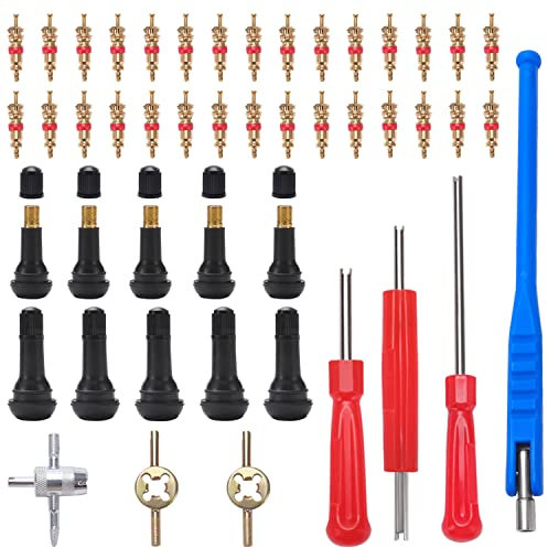 VooGenzek 47 PCS TR413 Tyre Valve Stem Puller Tools Set, Pure Copper Valve Core, with TR413 Snap-in Valve Stem, Dual & Single Head / 4-Way Valve Core Remover, for Tire Tyre of Car, Truck, Motorcycle