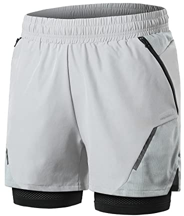 ARSUXEO Pantalones Cortos de Correr 2 en 1 para Hombre, Entrenamiento, Gimnasio, con Forro de Malla, Bolsillos con Cremallera B210 Gris S