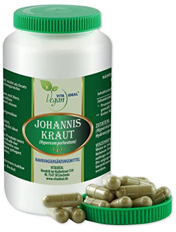 VITA IDEAL Vegan® JOHANNIS - Kraut 360 KAPSELN - Hypericum perforatum - Tagesportion 750mg JOHANNISKRAUT reines Pulver. Pflanzlich, natürlich & ohne Zusatzstoffe.