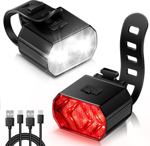 Vinabo Kit Luci Bicicletta - Faro e Fanale Posteriore, Ricarica USB, Impermeabile IPX6, 6 Modalità di illuminazione, Leggero e Resistente, Adatto a Tutte le Biciclette e a Varie Condizioni di Guida