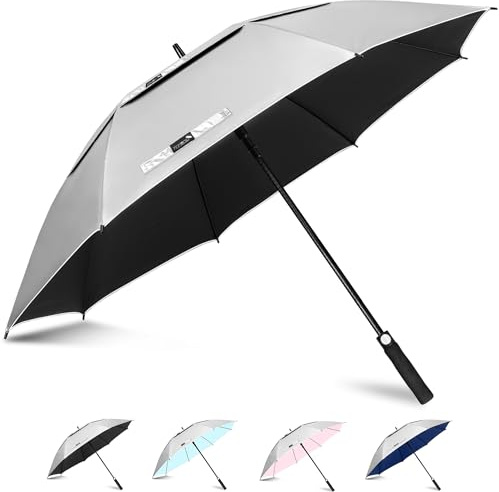 ZOMAKE Large Golf Umbrella UV Protection, 51 Inch UV Blocking Sun Umbrellas UPF 50+ for Rain Windproof Auto Open Vented Double Canopy(Silver,Black)
