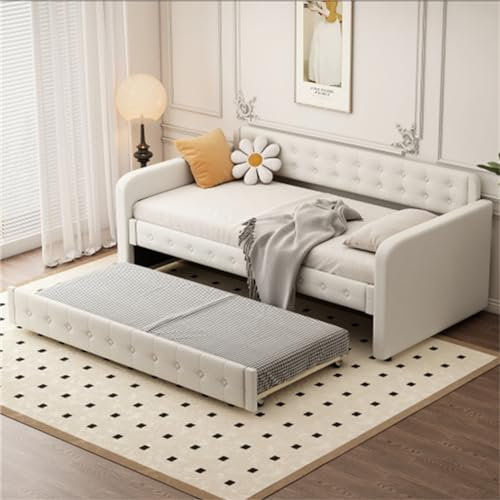 Tcewhhy Sofabett 90x200 cm Tagesbett Mit Ausziehbares Rollbett Großer Stauraum Schlafsofa Jugendbett Für Erwachsene Jugendliche Gästebett Für Schlafzimmer Gästezimmer Hellbeige