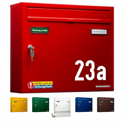 AL Briefkastensysteme Briefkasten mit Hausnummer rot RAL 3000 - Basic 1er Briefkasten mit Namen und Hausnummer wetterfest Din A4 - Postkasten mit Hausnummernschild personalisiert