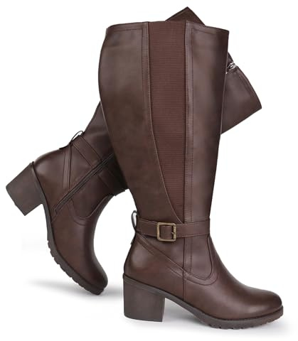 Chicblooms Bottes hautes pour femmes à talon bloc, empiècement extensible au mollet extra large, fermeture éclair latérale et talon bloc, PU marron, EU36