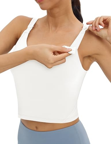 Foucome Nursing Tank Tops for Breastfeeding Workout Crop Top with Built in Bra Longline Maternity Sports Bra (White, M)
