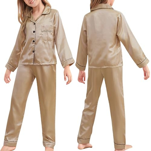 ACWOO Satin Pyjama Ensemble Enfants, Filles Garçon Pyjama Ensemble à Manches Longues, Haut, Pantalon Long, Satin De Soie Bouton vers Le Bas Vêtements De Nuit Ensemble pour Filles et GarçOns