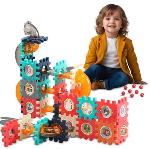 Koolbitz Marble Run Interactive Blocks – 98 PCS DIY Building Toy with 360° Rotating Windows STEM Educational Learning Toy for Kids Ages 3+ Creative Construction Set Transparent Tubes & Rolling Balls