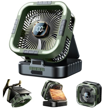 KIMMOO Solar Camping Fan with Light-10000mAh Rechargeable Portable, 6 Speeds, Digital Display, Timer, 120° Oscillation, Cordless Battery Powered Fan for Home Outdoor Tent Travel BBQ Fishing (Green)