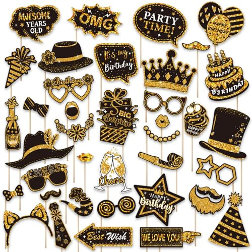 38 Pcs Birthday Photo Booth Props Kit, Happy Birthday Party Favors Supplies Bday Party Decor, 40th- 50th-60th Photo booth Funny Cute Holiday Selfie Supplies(Gold and Black)