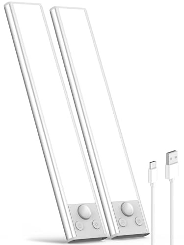Luz LED con Sensor de Movimiento Recargable, Cocina Bajo Mueble Armario lamparas sin cables, 2200mAh 3 Colores USB Adhesiva Lamparas Interior,para Cocina, Armario, Escalera, Pasillo, Garaje, 2 Pack
