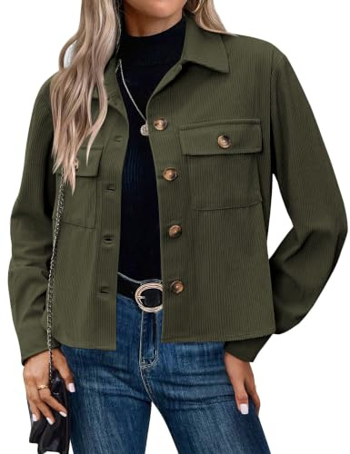 HOTOUCH Kvinnors jackor corduroy sommarkläder knapp ner casual lätta korta jackor långärmad korsad jacka med fickor, Mörkgrön, XL