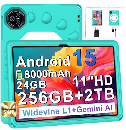 Dghrti Tablet Android 15 con EVA Silicona Funda Protectora, 24GB+ 256GB/2TB, Niños Tablet 11 Pulgadas Octa-Core, Gemini AI/Widevine L1, 8000 mAh, 13MP+5MP, Cuerpo Metálico, Tableta Grande-Verde