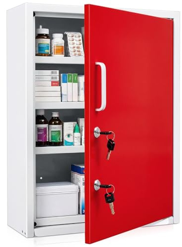 Zonon Corner Wall Cabinet with Lock, Red, 21 x 16 x 6 Inch, Right Angle | Medicine Storage, Dual Keys and Document Holder, Metal Lockable for Bathroom Office Corner, Secure Organizer for Supplies