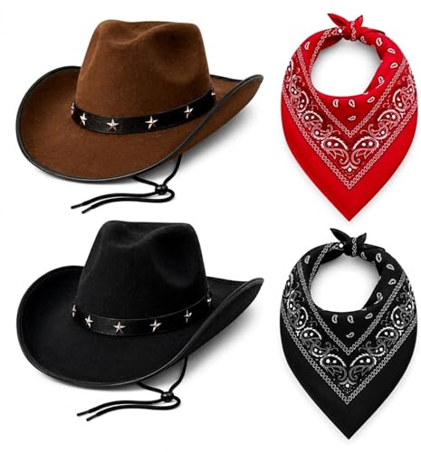 REDSTAR 4pc Cowboy Hat & Bandana - Star Stud Western Cowboy Fancy Dress | Unisex, one size fits most, lightweight felt, paisley print, black & brown pair included, western cow boy costume accessories