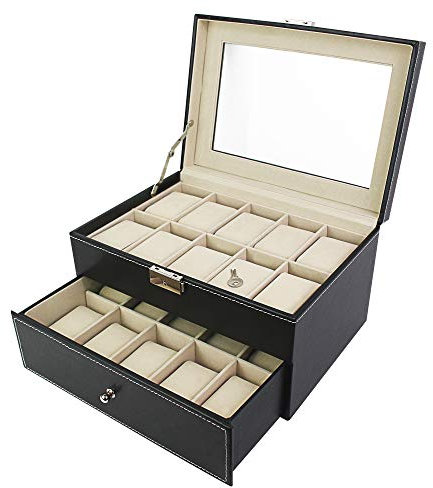 Todeco - Porta Prologi, Porta Bracciali - Dimensione: 28,5 x 20,5 x 15 cm - Materiale della Scatola: PU - 20 Orologi con cassetto ed espositore, Nero/Beige