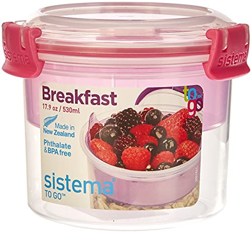 Sistema Breakfast To Go, Food Storage Container with Compartments and Spoon, 530 ml, BPA-Free, Assorted Colours, 11.4 x 11.4 x 9.6 cm