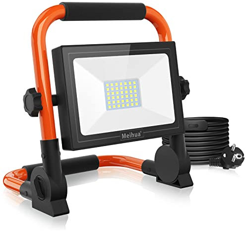 Projecteur Chantier LED Extérieur avec Prise, MEIHUA 35W Ultra-Lumineux 3400LM, 6500K Mince et Léger IP66 Etanche Rotation à 360° Pour Garage Atelier Bricolage Construction