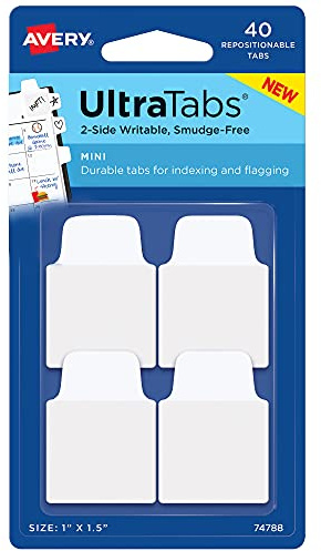 Avery Mini Ultra Tabs, 1 x 1.5, 2-Side Writable, White, 40 Repositionable Tabs (74788)