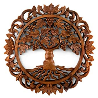 G6 Collection 12 Wooden Hand Carved Tree of Life Wall Art Relief Panel Handcrafted Wall Plaque Gift Home Decor Accent Handmade Wood Decoration Rustic Artwork Floral (Grapevine)