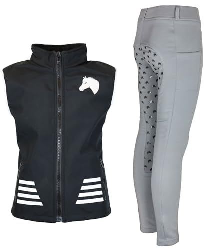 MS-Trachten Set da equitazione per bambini, in softshell, luglio, nero, con legging Hanni, grigio chiaro, Nero , 140 cm