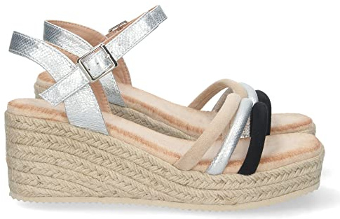 shoes&blues.es 71342-Sandalia de Cuna para Mujer, Comoda, Forrada de Yute, con Palas Multicolor, y Cierre de Hebilla, Primavera Verano 2023. Talla 38 Plata