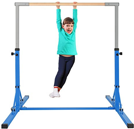 COSTWAY Gymnastik Turnreck, Turnreck 90-150cm höhenverstellbar, Reckstange klappbar mit Rollen, tragbarer Turnstangen bis 100kg belastbar, Reckanlage, Trainingsgeräte (Blau)
